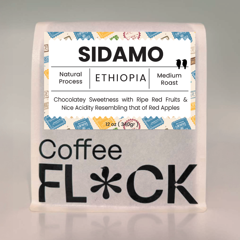 Coffee Flock 12  ounce package 'Sidamo' Natural Process Medium Roast from Ethiopia Chocolatey Sweetness with ripe red fruits and nice acidity resembling that of red apples