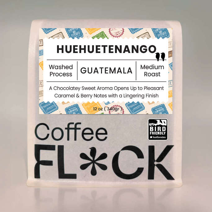 Coffee Flock 12 ounce package Smithsonian Institute Migratory Bird Center Bird Friendly Certified 'Huehuetenango' Washed Process Medium Roast from Guatemala. Dark Chocolate Tones, Notes of Fresh Berries, Medium Acidity, Rich Syrupy Mouthfeel