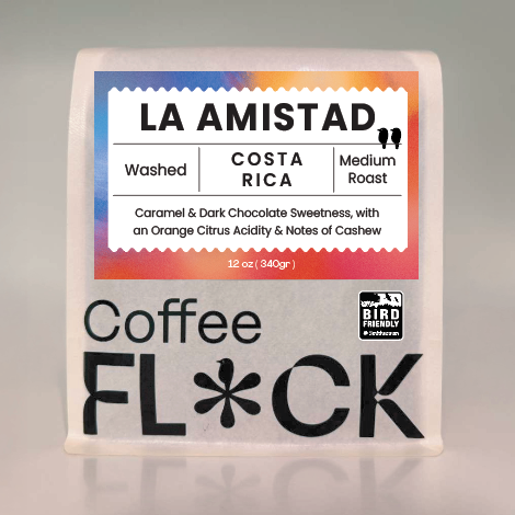 Coffee Flock 12 ounce package Smithsonian Institute Migratory Bird Center Bird Friendly Certified 'La Amistad' Washed Process Medium Roast from Costa Rica. Caramel & Dark Chocolate Sweetnesswith Orange Citrus Acidity & Notes of Cashew
