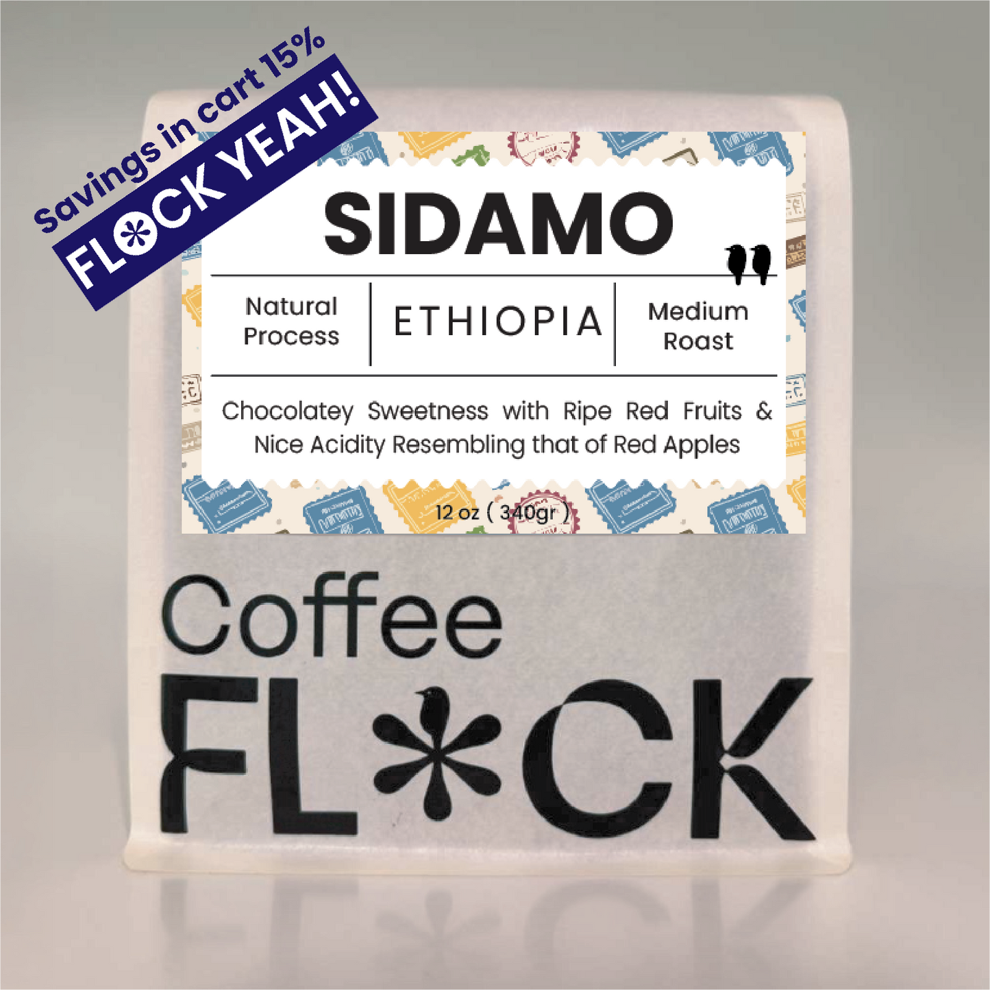 Savings in Cart 15% Coffee Flock 12  ounce package 'Sidamo' Natural Process Medium Roast from Ethiopia Chocolatey Sweetness with ripe red fruits and nice acidity resembling that of red apples