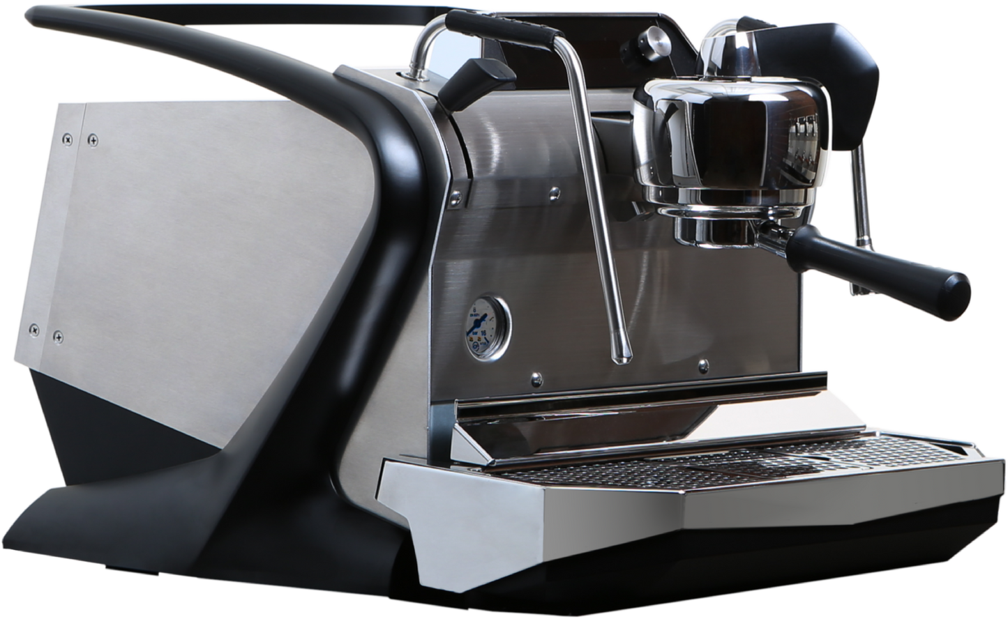 SLAYER Steam Single featuring black matte powder-coated cup rail and wings, anodized aluminum body panels, Soft Touch™ portafilters and Onyx Duratex™ actuators.