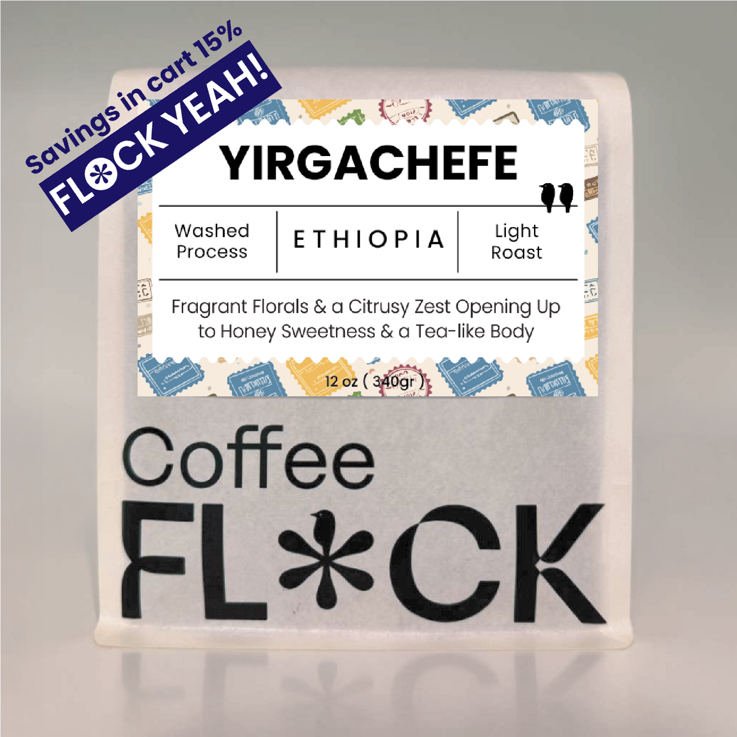 Savings in cart 15% Coffee Flock 12  ounce package 'Yirgachefe' Washed Process Light Roast from Ethiopia